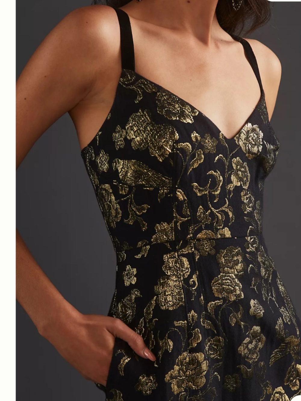 Maeve by Anthropologie Slim Jacquard Mini Dress Black/Gold 14 Metallic Floral - Picture 2 of 16